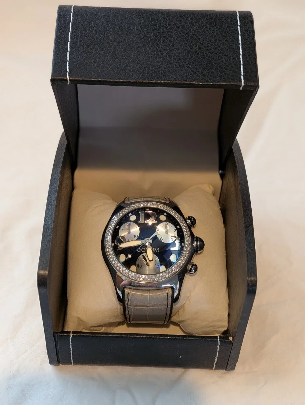 Corum Boutique Bubble Quartz Chronograph Black/Silver Dial SS Case White Leather
